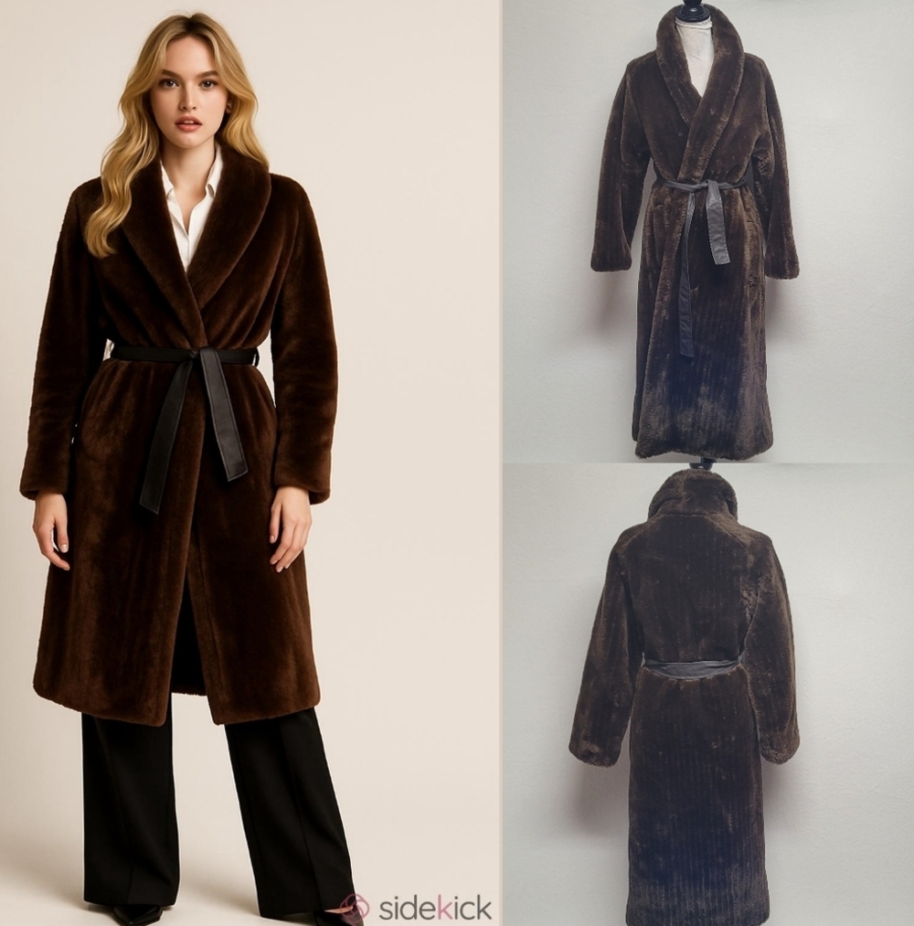 70s Vintage Sears Fashion Luscious Pelted Brown Faux Fur Belted Trench Coat M